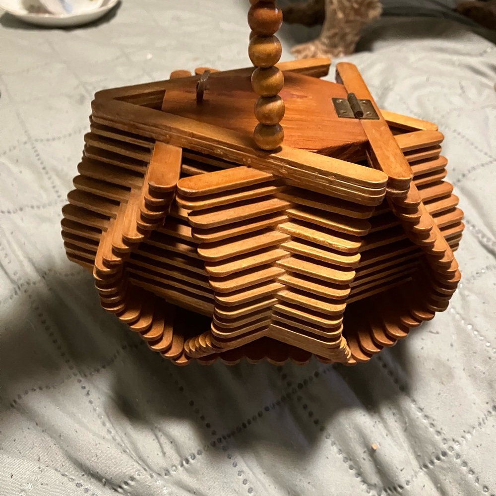 Vintage Hippy Folk Art Handmade Popsicle Stick Purse - Picture 3 of 11